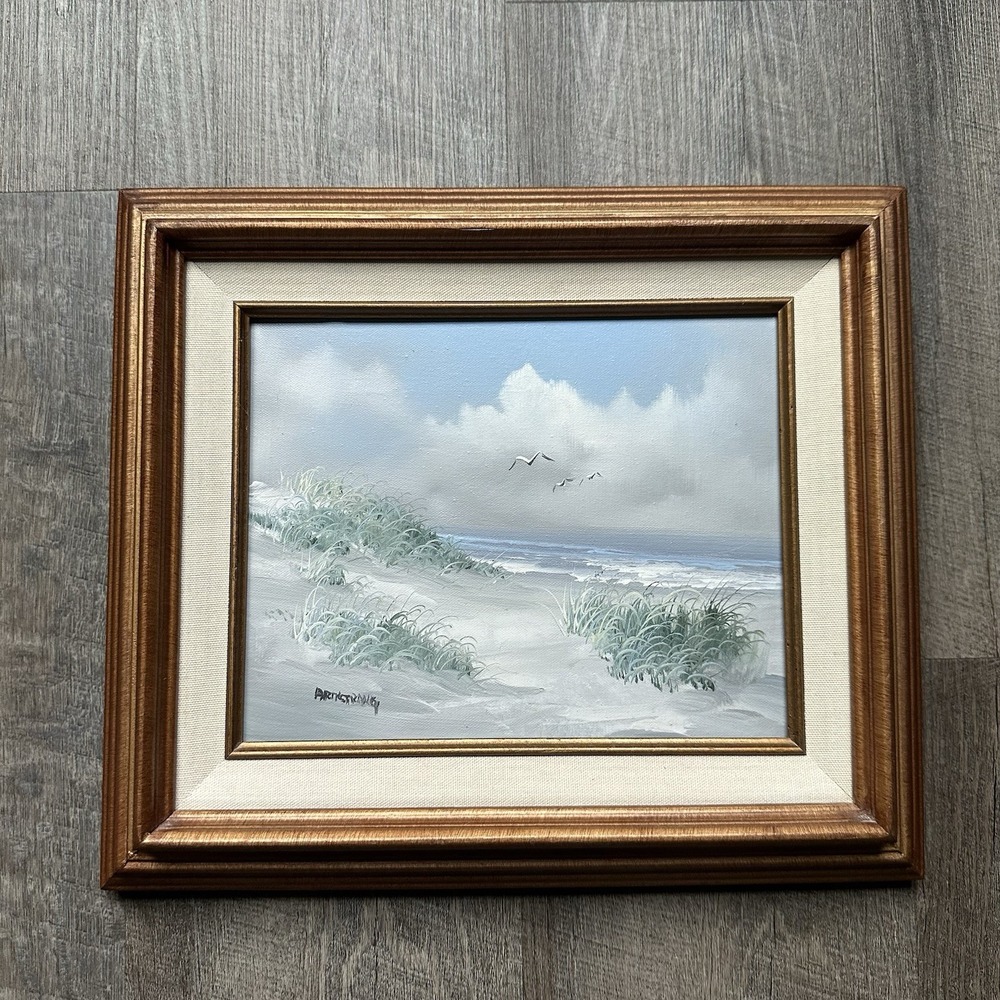 Beach Seascape Oil Painting Ocean Waves Seagulls  Framed Signed 15x12.5" MCM